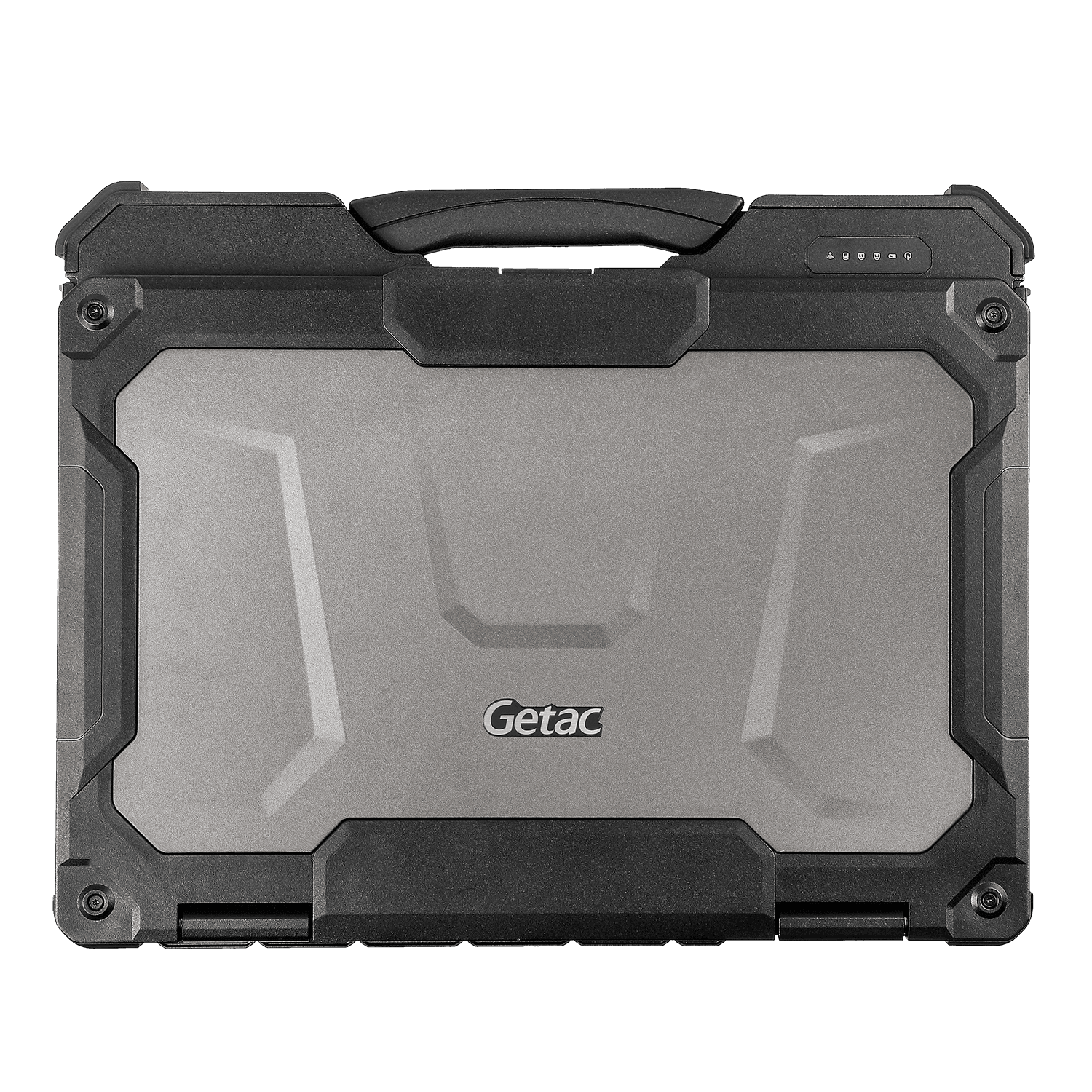 Getac X600 Fully Rugged Laptop with closed lid and handle on white background.