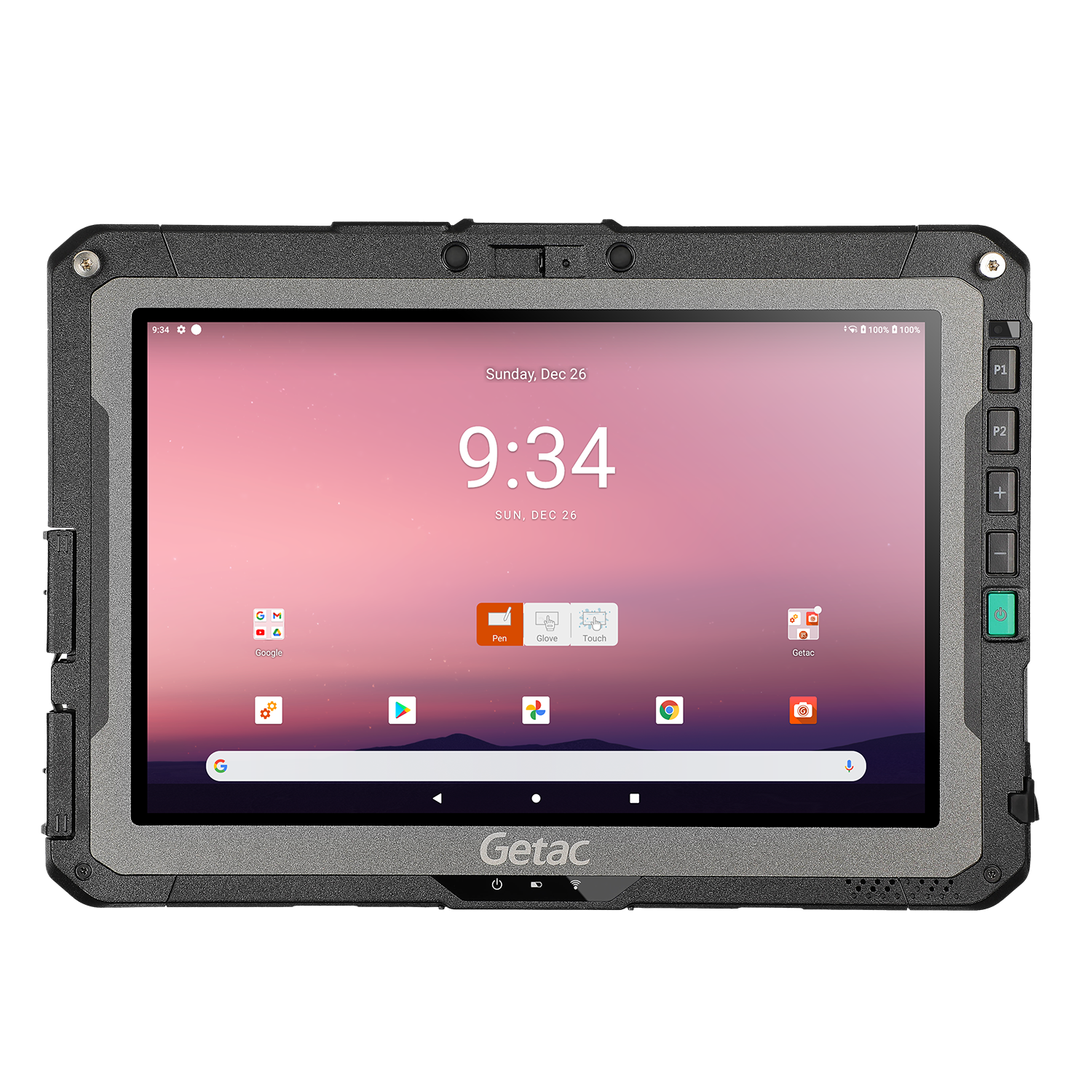 Getac ZX10 Fully Rugged Android Tablet on white background with operating system menu visible.