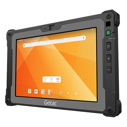 Getac ZX10 Fully Rugged Android Tablet on white background with operating system menu visible.