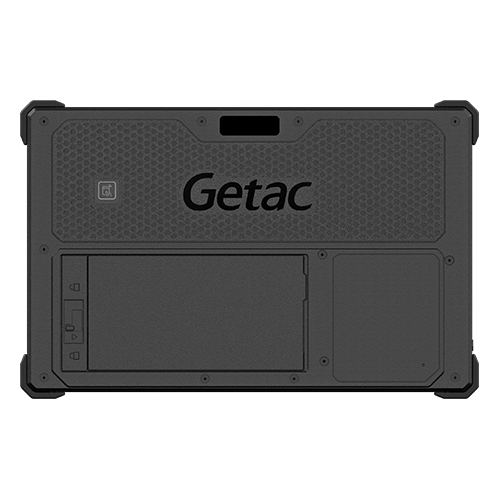 Getac ZX10 Fully Rugged Android Tablet tilted on white background to show the back of the device.