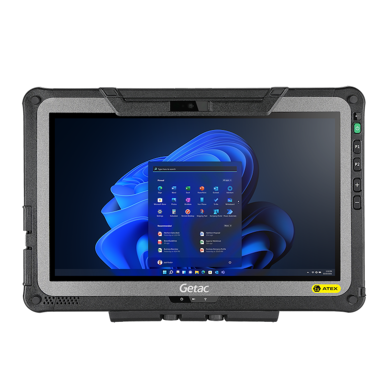 Getac F110-EX Fully Rugged Tablet with Windows operating system displayed on white background. 