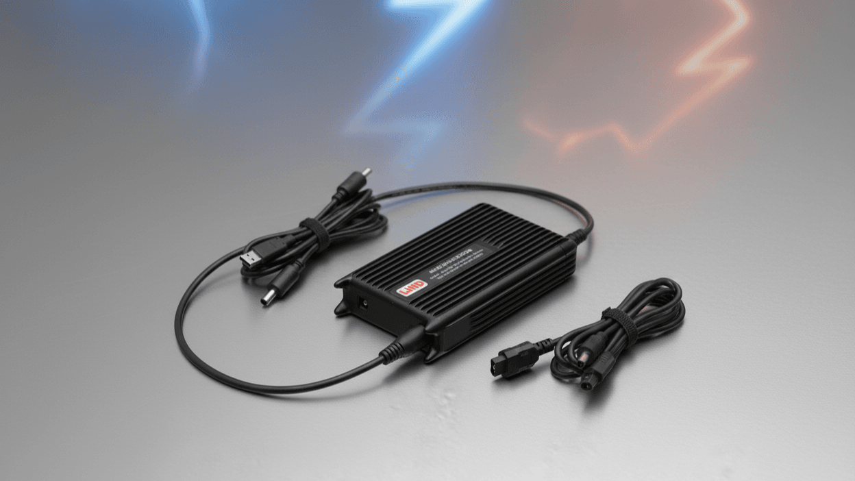 DC power adapter charging a rugged laptop in a vehicle