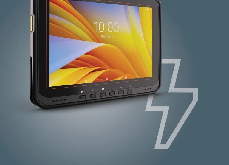 Perspective view of the BARTEC ET60 tablet highlighting the physical front shortcut keys, rugged chassis construction, and hot-swappable battery power platform.