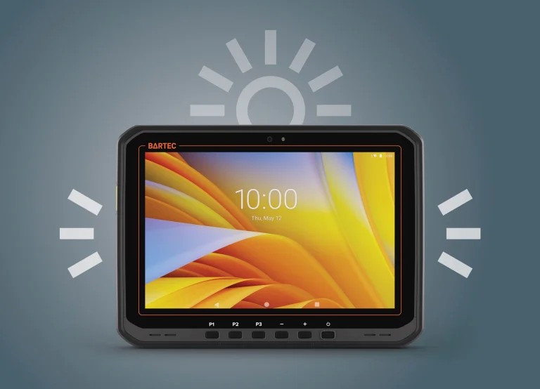 Front view of the BARTEC ET60 tablet illustrating the 10.1-inch 1,000-nit optically bonded sunlight-readable display for outdoor industrial site operations.