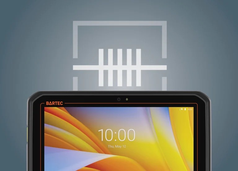 Close-up top view of the BARTEC ET60 tablet showing the camera array and optional integrated Zebra SE55 long-range 1D 2D barcode scan engine interface.