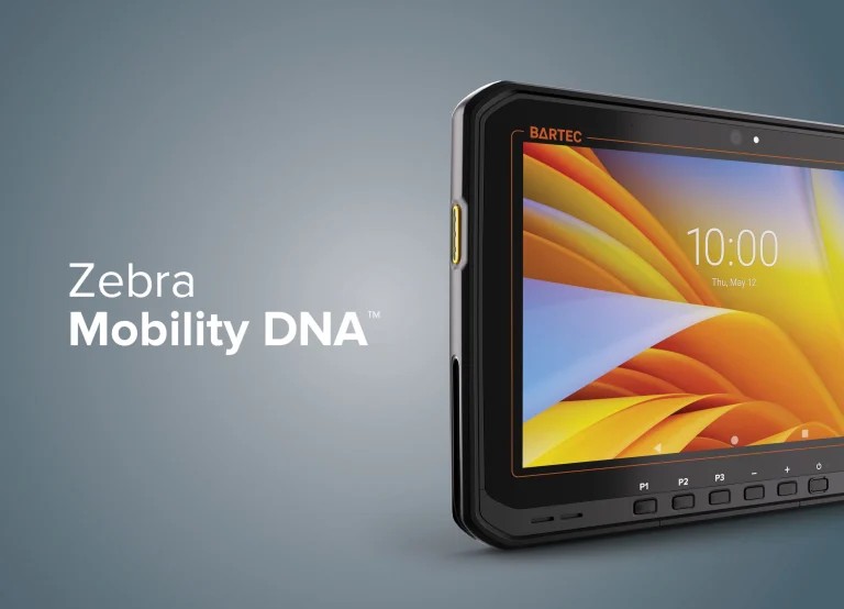 Angled view of the BARTEC ET60 tablet showcasing the yellow side scan trigger button, reinforced bezel, and Zebra Mobility DNA enterprise software suite integration.