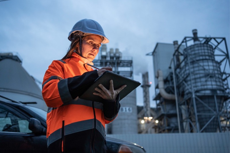 Woman working in front of a power plant, using a tablet with a stylus. 