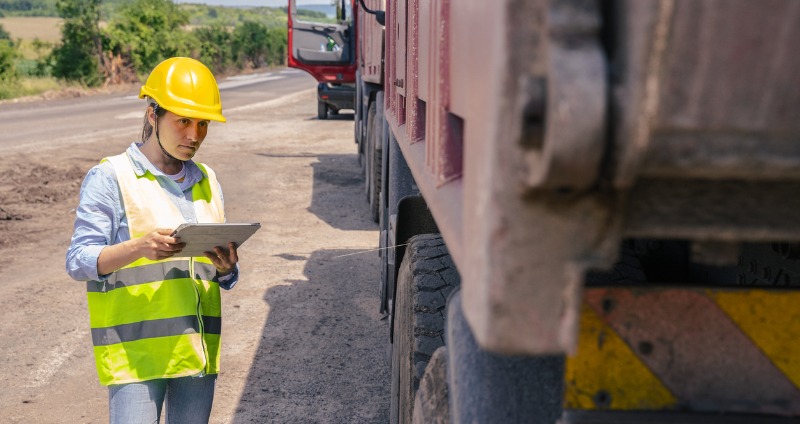 Woman assessing a truck with a rugged tablet while working out in the field.