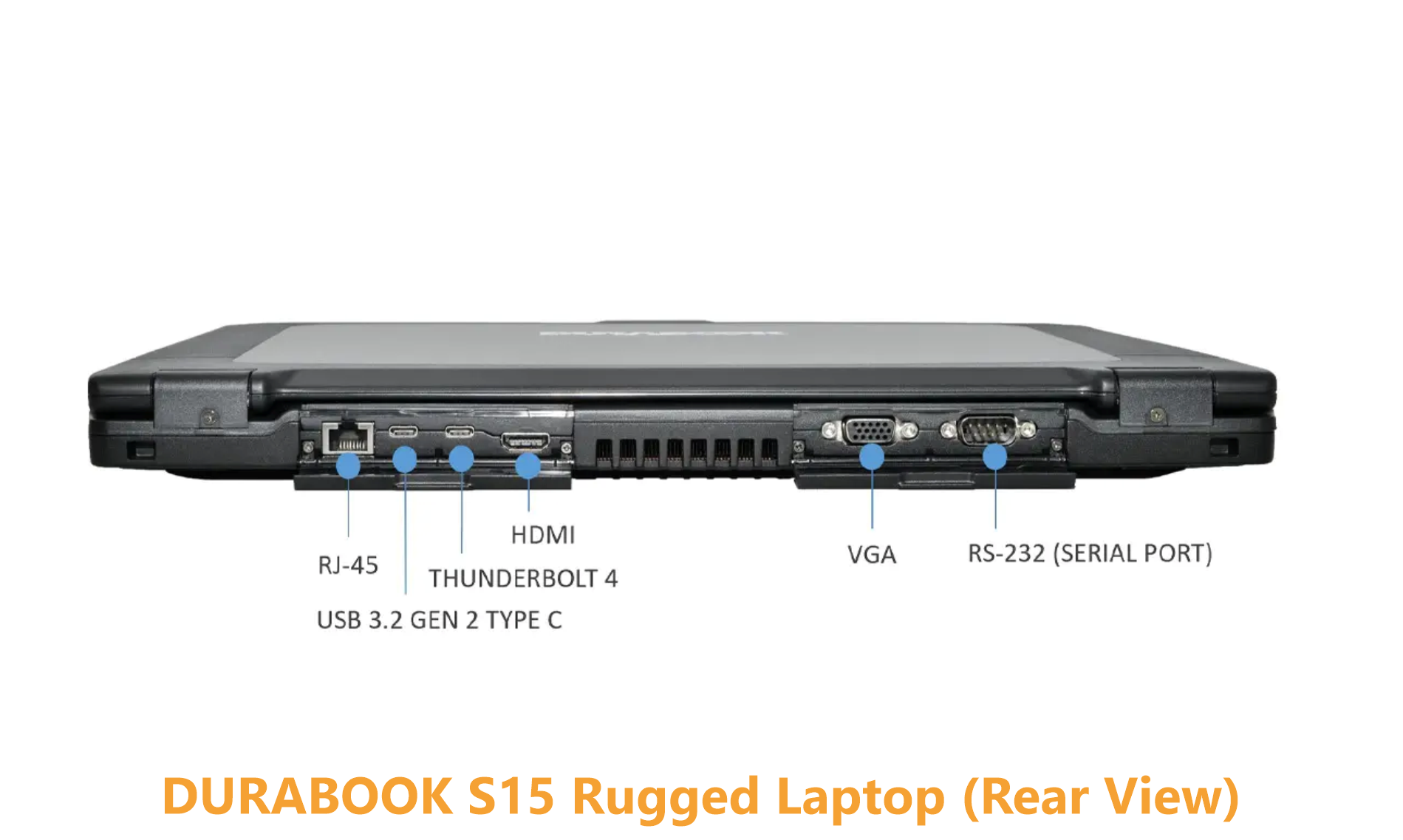 A comprehensive technical diagram mapping out the rear chassis of the Durabook U11I rugged tablet. The layout points to dual integrated speaker grilles, an external stylus pen slot with an attached tether, and a large hot-swappable battery pack on the right side. The bottom features a surface-mount docking connector, while the lower left displays a quick-release solid-state drive compartment with its cover panel pulled back. Top annotations point to a built-in fingerprint scanner, an 8-megapixel rear camera with flash, and a modular expansion area that can be configured with a 1D/2D barcode reader, an RS-232 serial port, or secondary USB Type-A/Type-C and USB 2.0 interfaces.