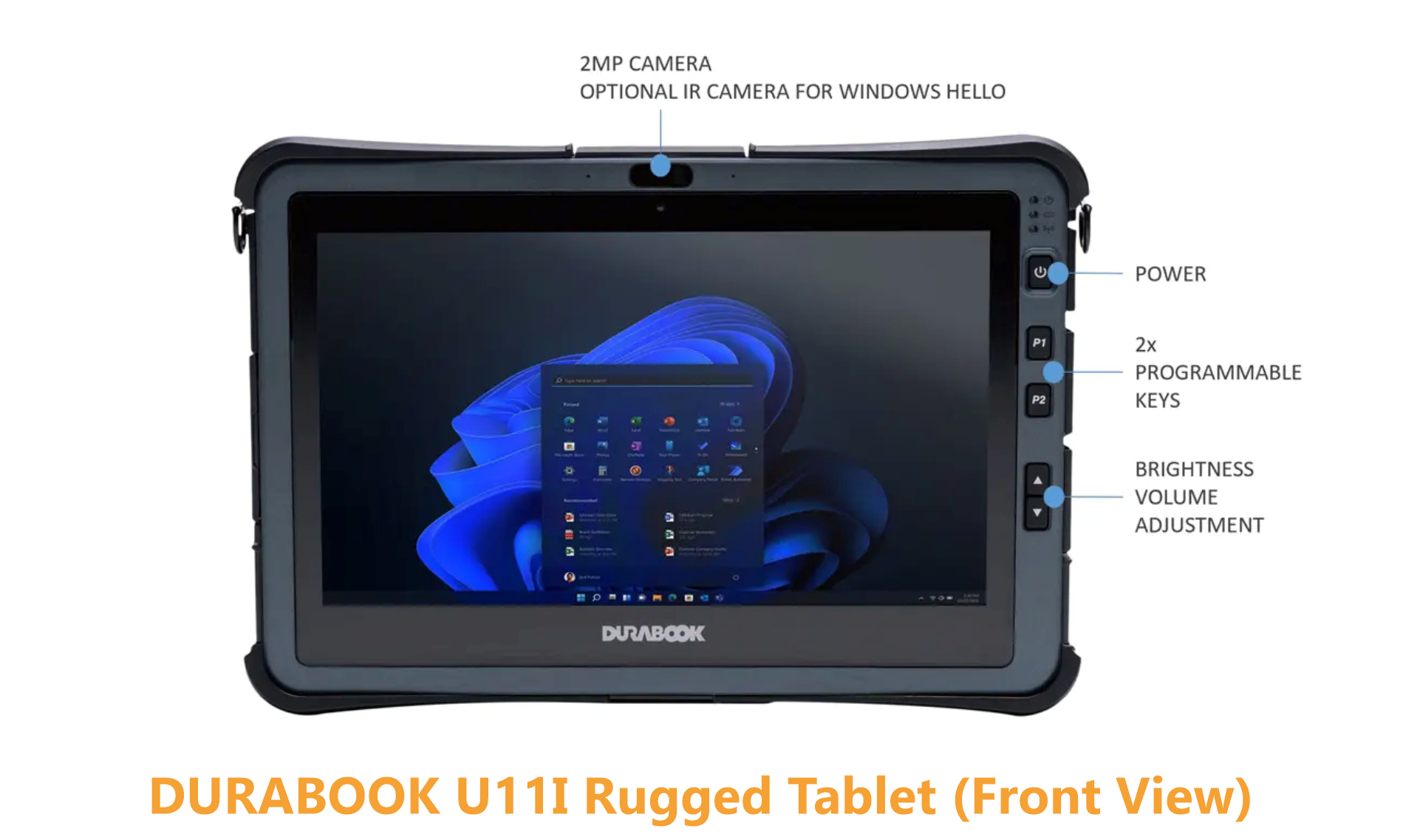 Front view diagram of the Durabook U11I fully rugged tablet highlighting the top-mounted 2MP camera with an optional Infrared (IR) camera for Windows Hello authentication. The right bezel shows the physical power button, two programmable keys (P1/P2), and the dedicated brightness and volume adjustment keys.