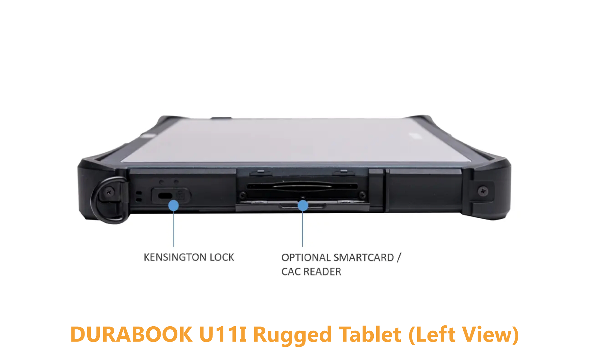Side profile diagram of the left edge of the Durabook U11I fully rugged tablet, highlighting the physical layout of the integrated Kensington lock slot and the optional SmartCard / CAC (Common Access Card) reader interface.