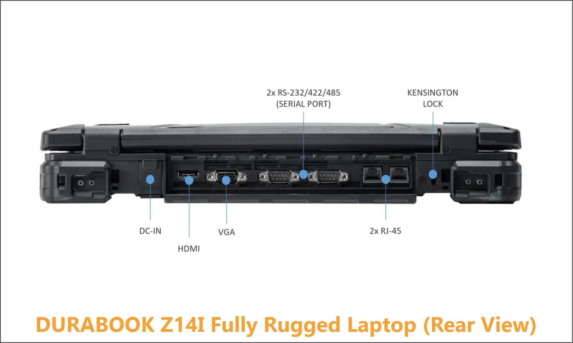 Rear connectivity panel of the Durabook Z14I Rugged Workstation designed for seamless site integration. The layout features dual RS-232/422/485 serial ports for legacy equipment communication, dual RJ-45 Ethernet ports for secure network redundancy, and standard video outputs including HDMI and VGA alongside a professional Kensington Lock slot.