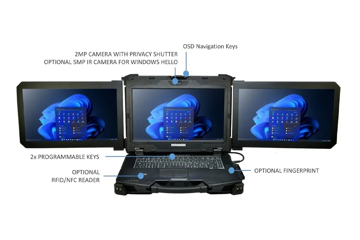 Durabook Z14I-DX3 rugged triple-screen mobile workstation open front view