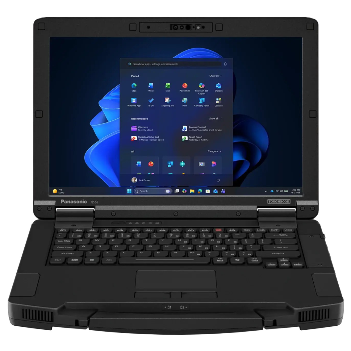 Panasonic TOUGHBOOK 56 rugged laptop, displaying the 14-inch 16:10 active matrix display with the Windows 11 Pro operating system interface. The reinforced magnesium chassis showcases the integrated front-facing webcam with a privacy shutter, symmetrical protective corner bumpers, and the centered status indicators positioned below the durable mechanical hinge assembly.