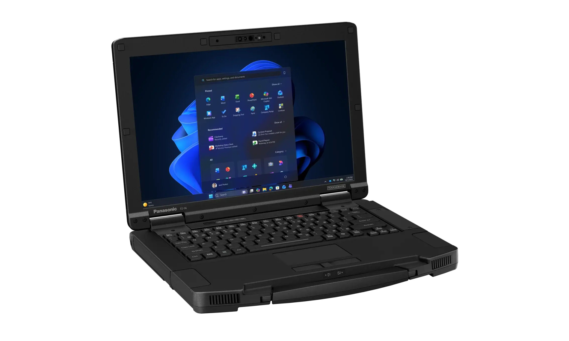 Right-side three-quarter perspective view of the open Panasonic TOUGHBOOK 56 rugged laptop
