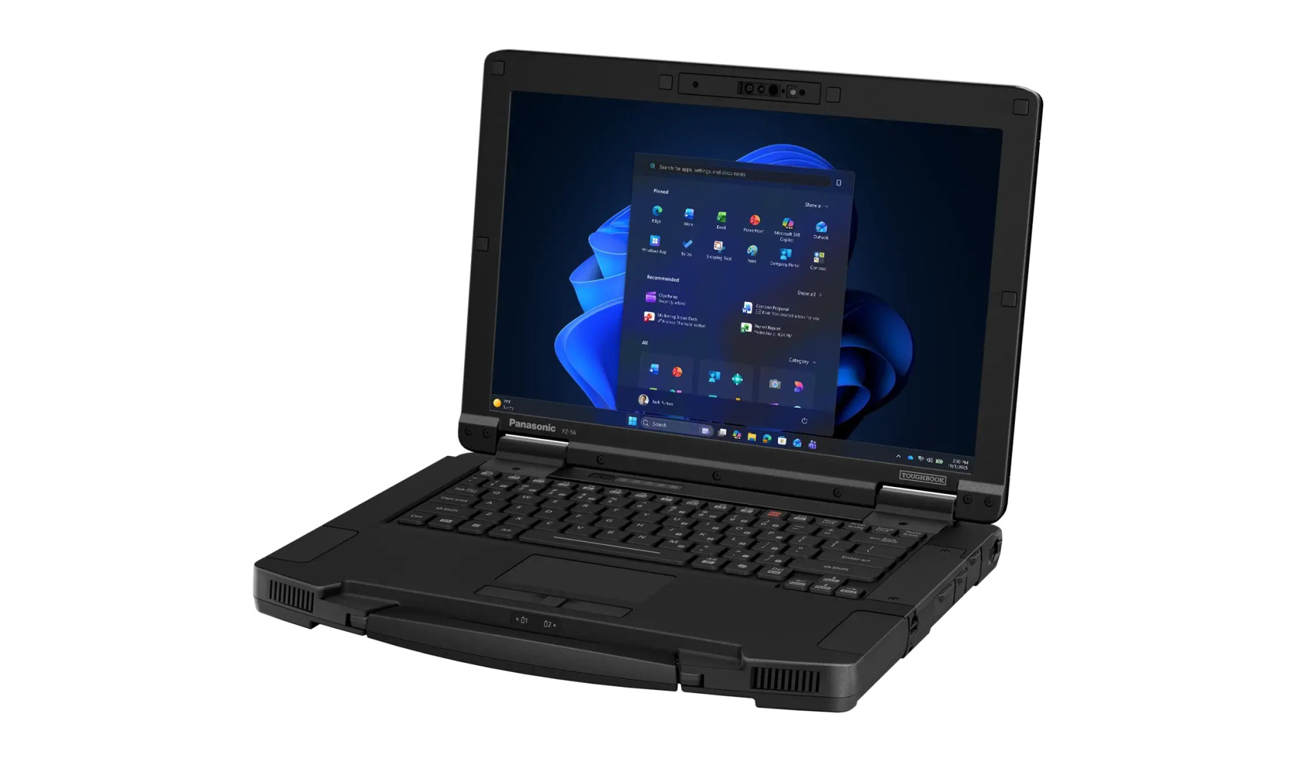 Left-side three-quarter perspective view of the open Panasonic TOUGHBOOK 56 rugged laptop
