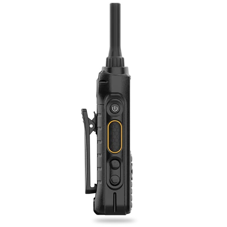 Side profile of the RugGear RG380 showing the dedicated push-to-talk button and rugged chassis.