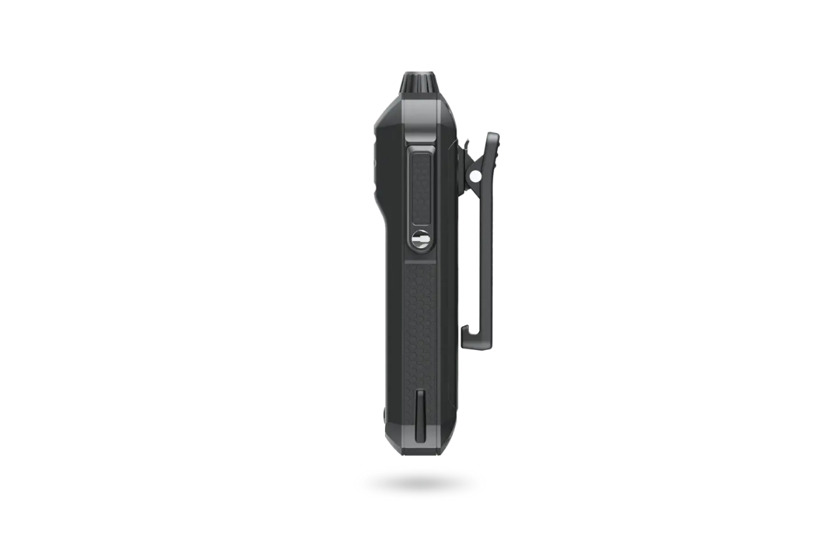 Left profile view of RugGear RG440 showing tactile PTT key and volume controls