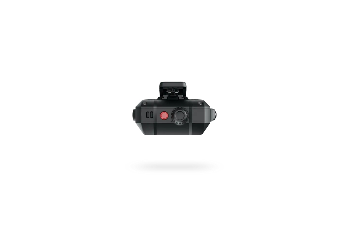 Top view of RugGear RG440 showing rotary talkgroup turn knob and emergency button
