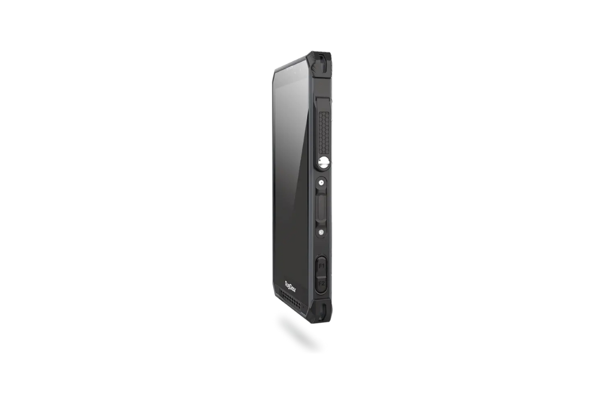Left profile view of RugGear RG880i showing 13-pin interface and fingerprint sensor