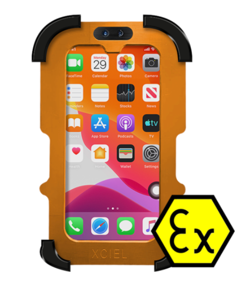 XCIEL XCZ1 Intrinsically Safe iPhone 13 Zone 1 Case on white background with Apple iPhone screen display.
