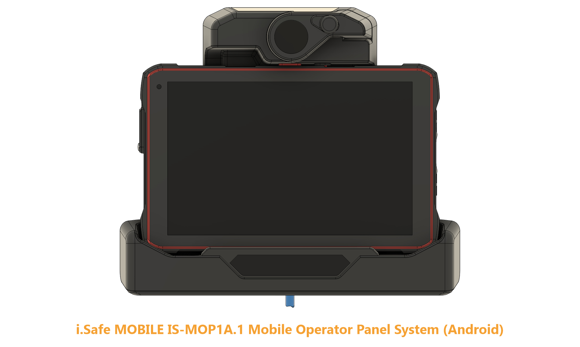 Front view technical rendering of the i.safe MOBILE IS-MOP1A.1 system showing the 10.1-inch intrinsically safe Android tablet securely docked inside the heavy-duty lower retention frame. The underlying connectivity housing extends vertically behind the tablet chassis, with a shielded blue interface system cable exiting cleanly from the bottom center of the cradle assembly.