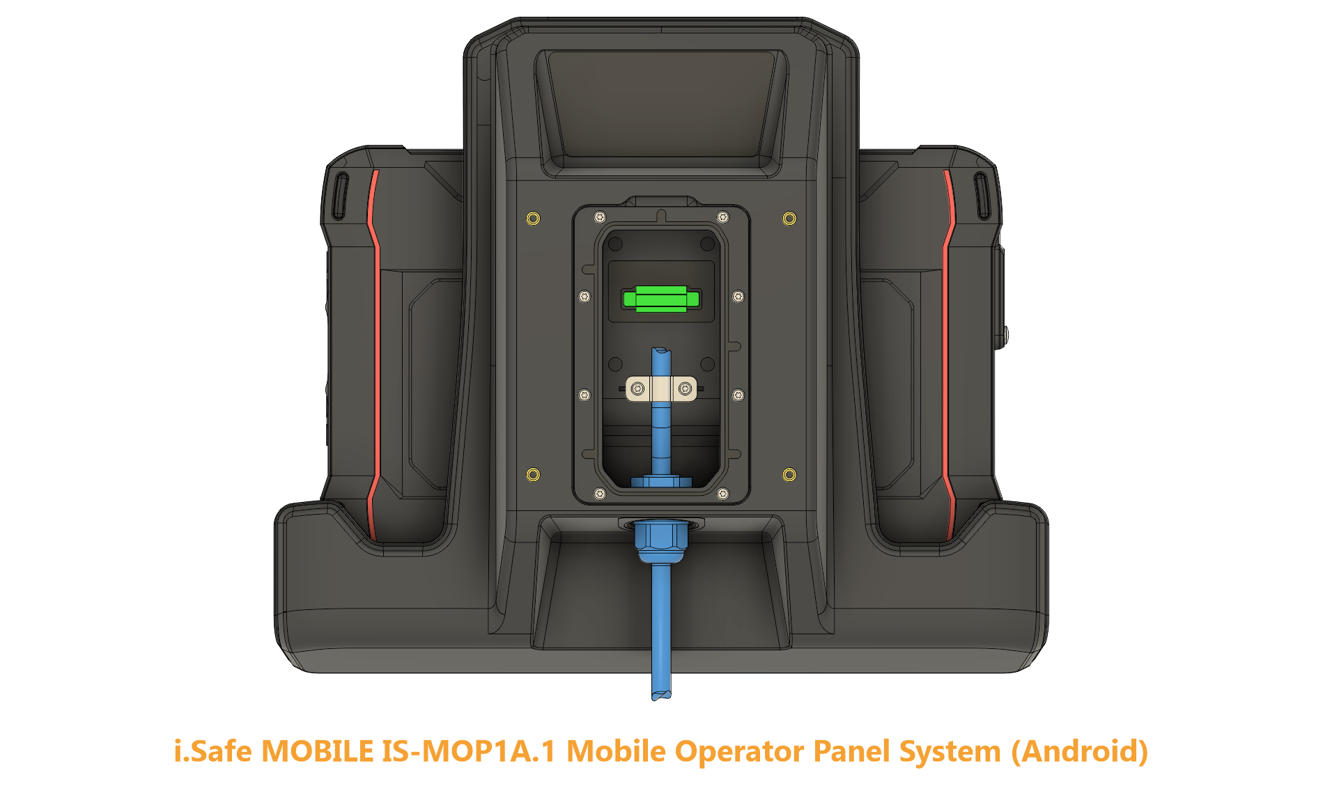 Rear view technical rendering of the i.safe MOBILE IS-MOP1A.1 operator panel with the tablet installed. The center section features a rectangular cut-out compartment with its protective hatch cover removed, exposing an internal green circuit board connection interface. A heavy-duty, blue shielded communication wire enters through a gas-tight liquid strain relief gland at the base and is secured inside the channel by a dual-screw mechanical metal clamping bracket.