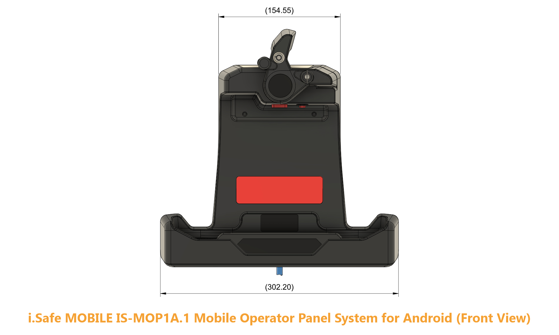 Front view engineering schematic of the i.safe MOBILE IS-MOP1A.1 empty docking station frame displaying key mechanical dimensions. The top lock mechanism has a width notation of 154.55 mm and features a physical top-latching release lever. The base cradle wings feature a maximum outer horizontal width callout of 302.20 mm, a central red rectangular alignment marker, and a blue shielded interface cable exiting from the bottom.