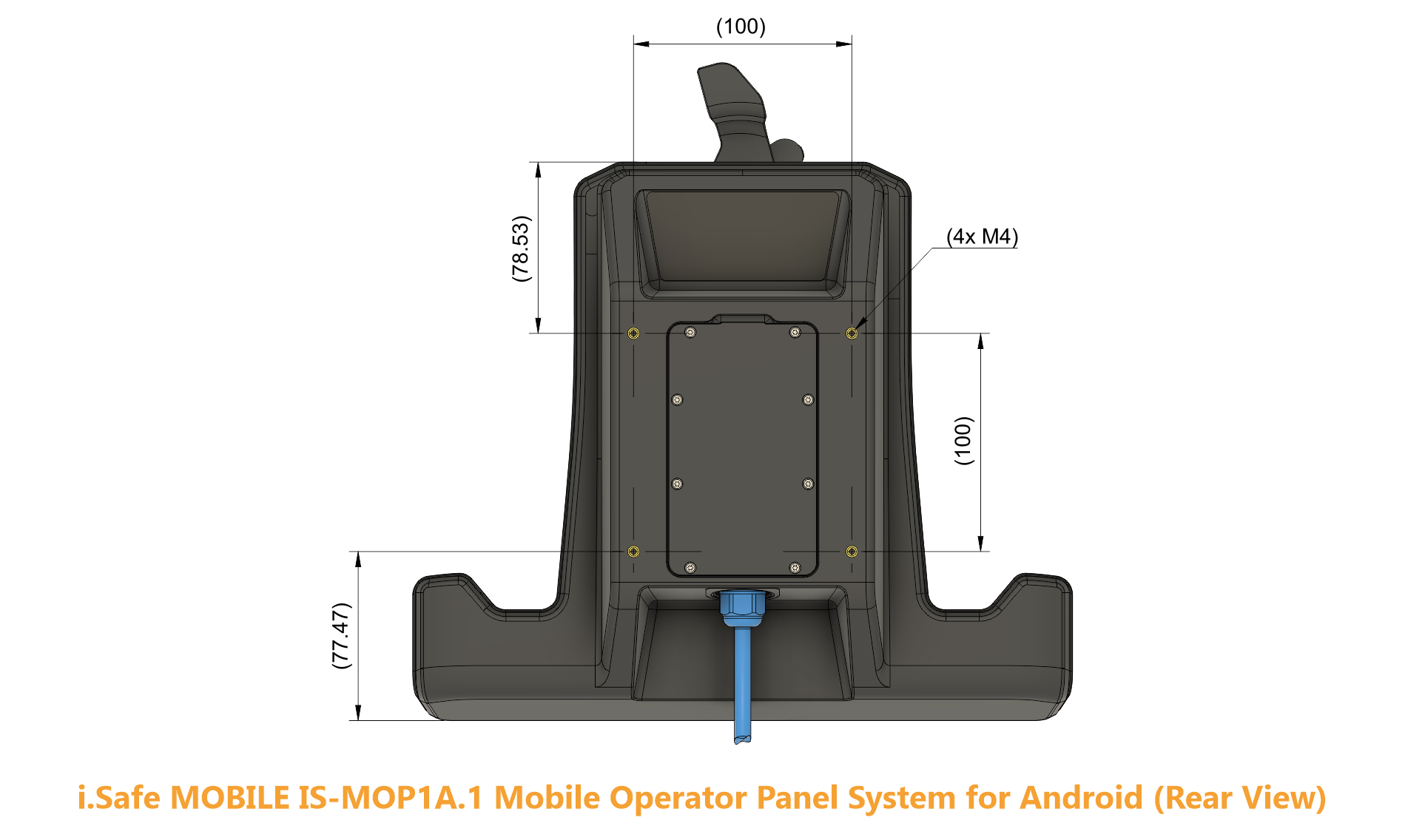 Rear view engineering schematic of the i.safe MOBILE IS-MOP1A.1 empty docking station mapping out the industrial mounting points. The center layout highlights a standard square VESA 100 mounting pattern, detailed by four M4 threaded screw hole locations measuring exactly 100 mm apart both horizontally and vertically. Additional annotations show a 78.53 mm clearance from the top edge to the upper VESA holes, a 77.47 mm height for the lower support wings, and a blue system interface cable routing out the bottom.