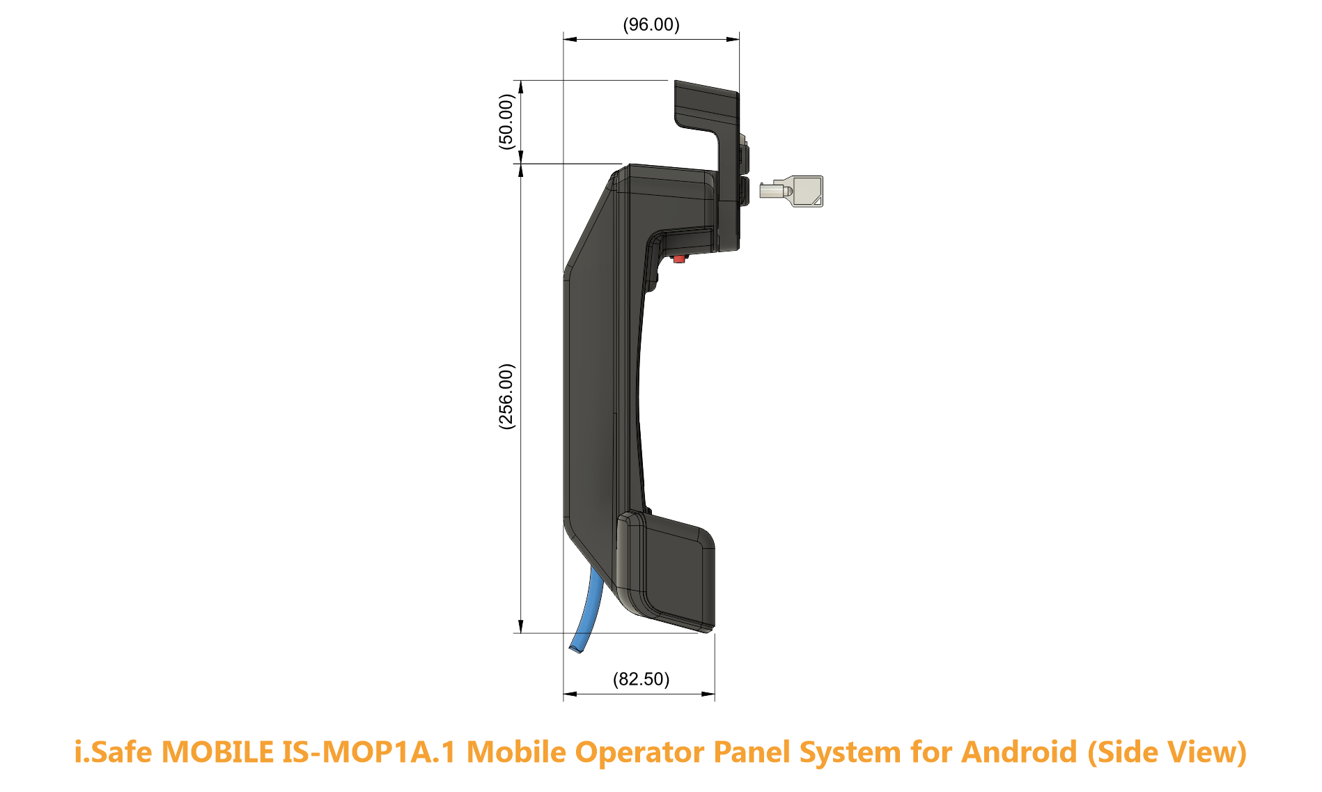 Side profile engineering diagram of the empty i.safe MOBILE IS-MOP1A.1 docking station. Technical dimension callouts specify a main vertical housing height of 256.00 mm, a total depth of 82.50 mm across the lower support tray, and a top latch depth of 96.00 mm with an extended height of 50.00 mm. The schematic displays the physical placement of the red internal mechanical release catch on the inner column and depicts a locking key aligning with the side-facing tumbler cylinder.