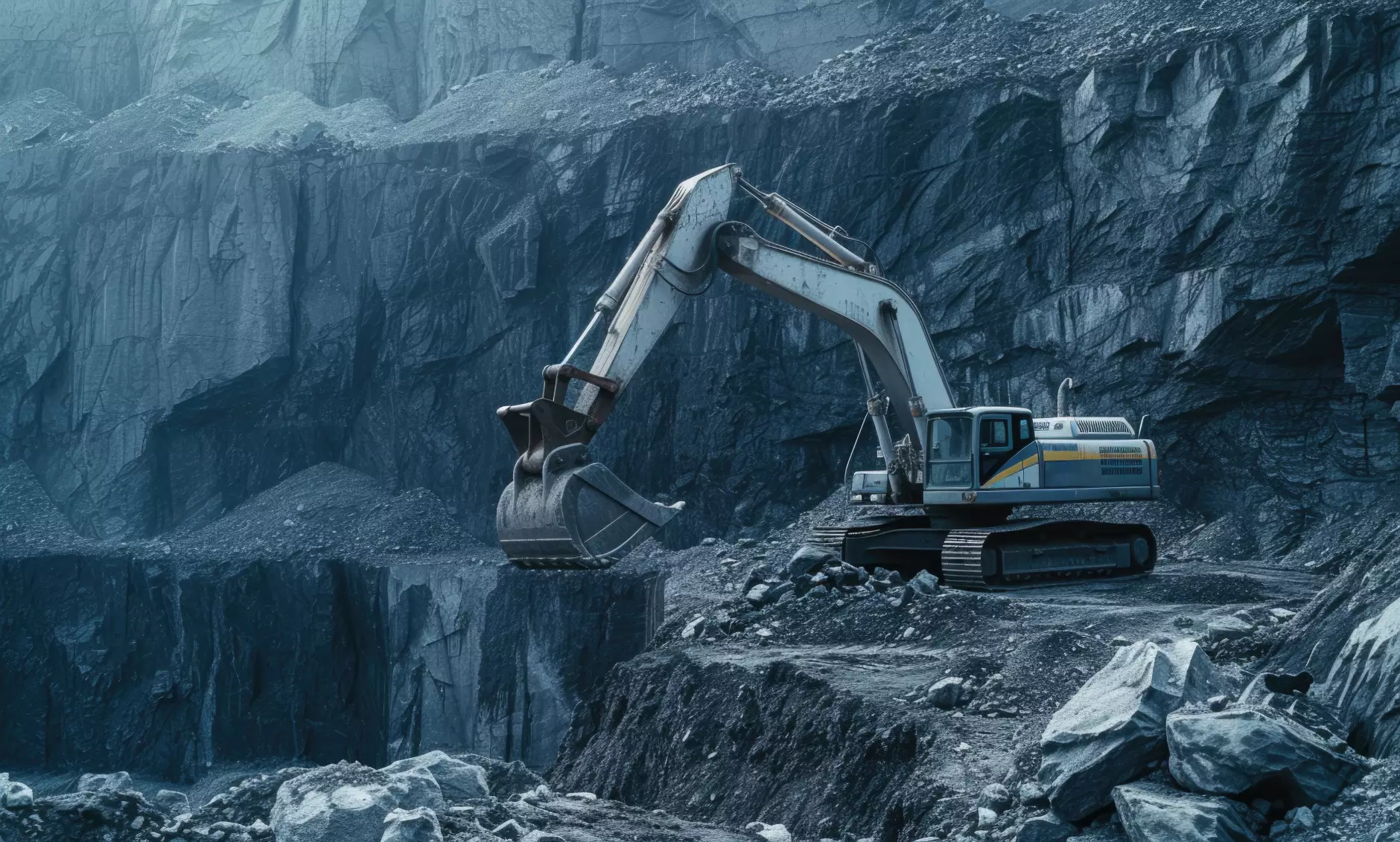 Excavator operating in a large open cut mining site, illustrating heavy industry environments where integrated vehicle technology and rugged fleet solutions are essential for safe, connected operations.