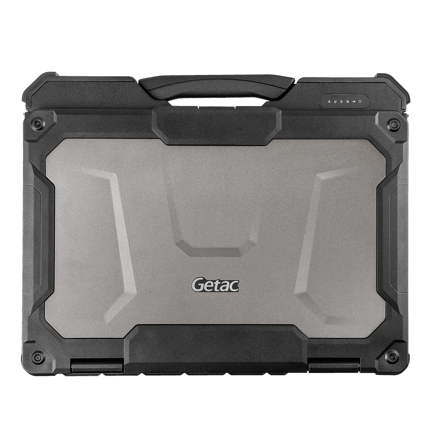 Getac X600 Fully Rugged Laptop with closed lid and handle on white background.