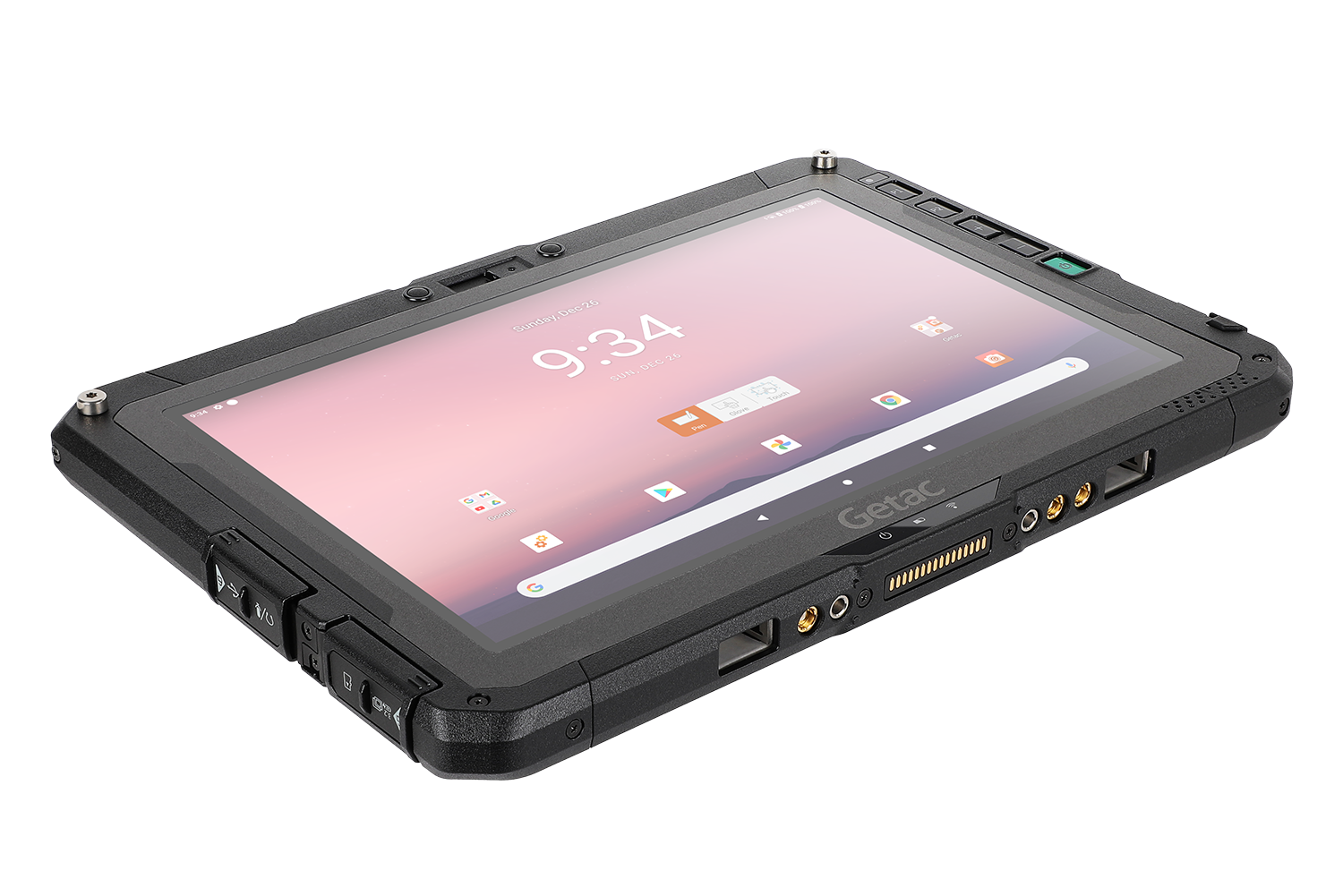Getac ZX10 Fully Rugged Android Tablet on white background laying flat to show device dimensions..