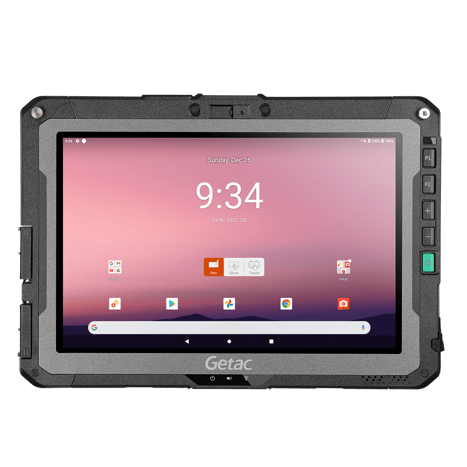 Getac ZX10 Fully Rugged Android Tablet on white background with operating system menu visible.