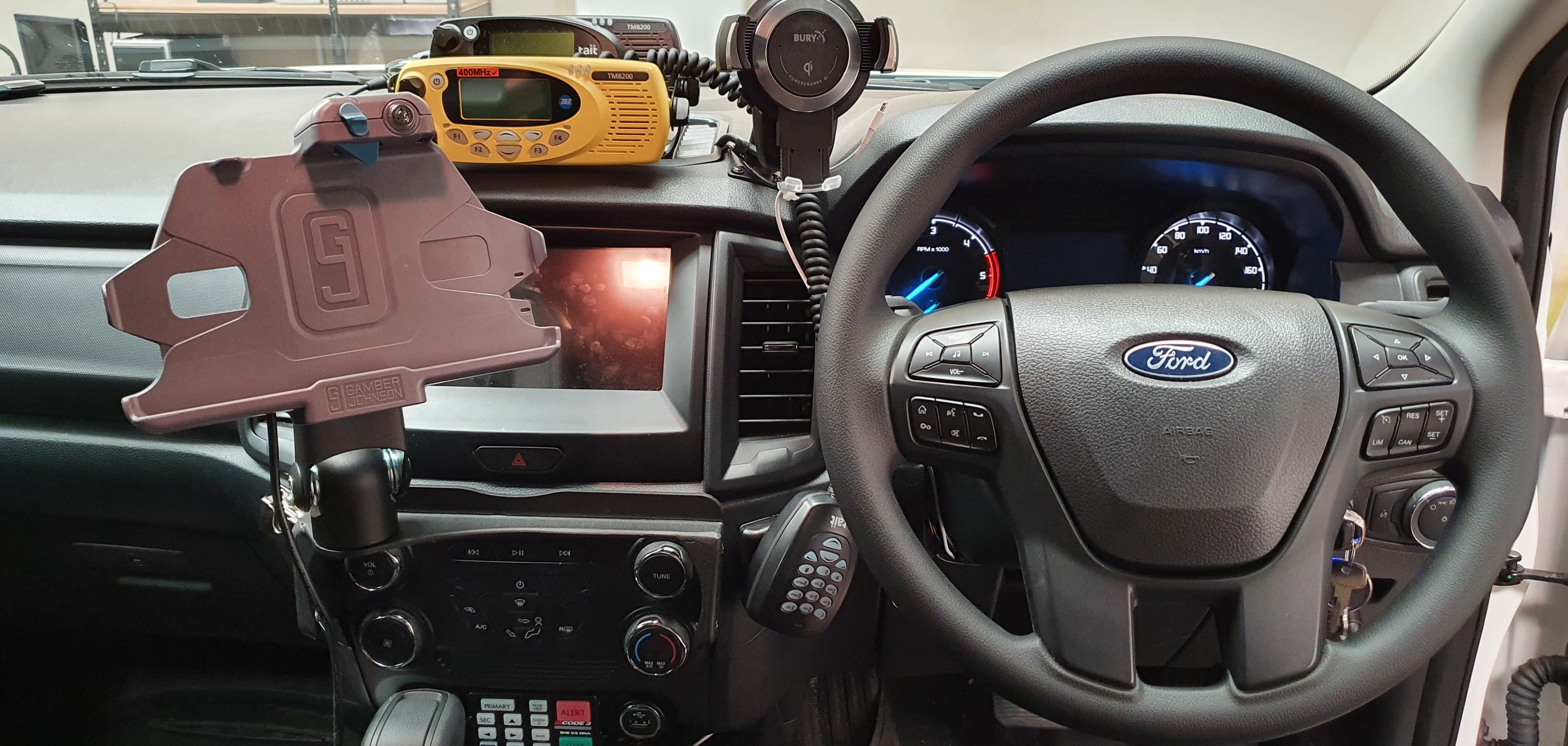 The Gamber Johnson vehicle dock for a Samsung Tab Active 3 installed in a Ford Ranger