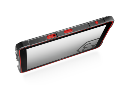 i.Safe Mobile 8-inch intrinsically safe tablet on side on white background.