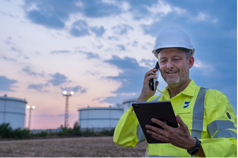 Male worker standing in front of oil tanks holding a tablet in one hand an talking on the phone with the other