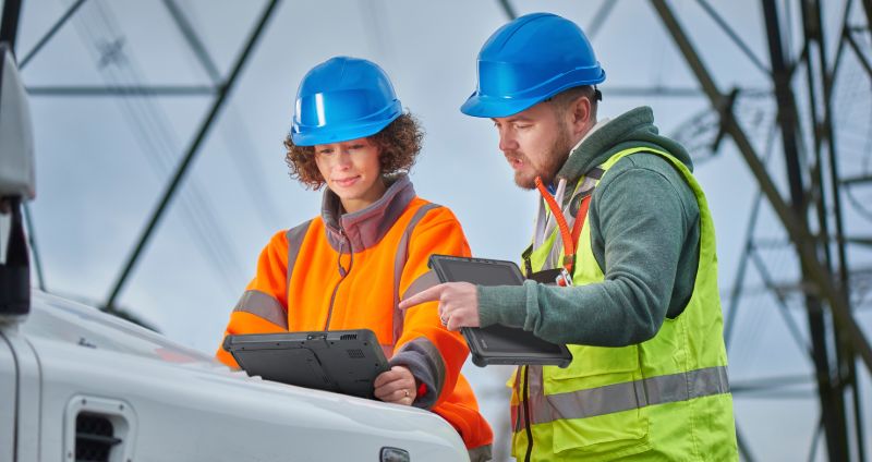 Male and female field workers using a Getac F110 rugged tablet to execute daily tasks