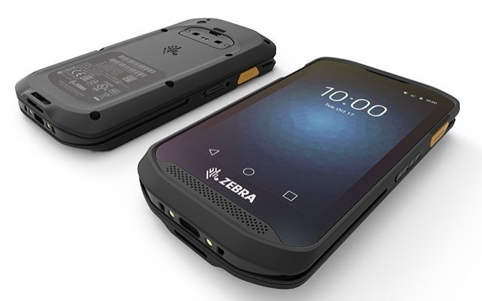 The Zebra TC25 rugged smartphone front and back on white background