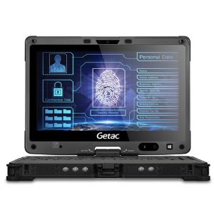 Getac V110 rugged tablet and laptop on white background.